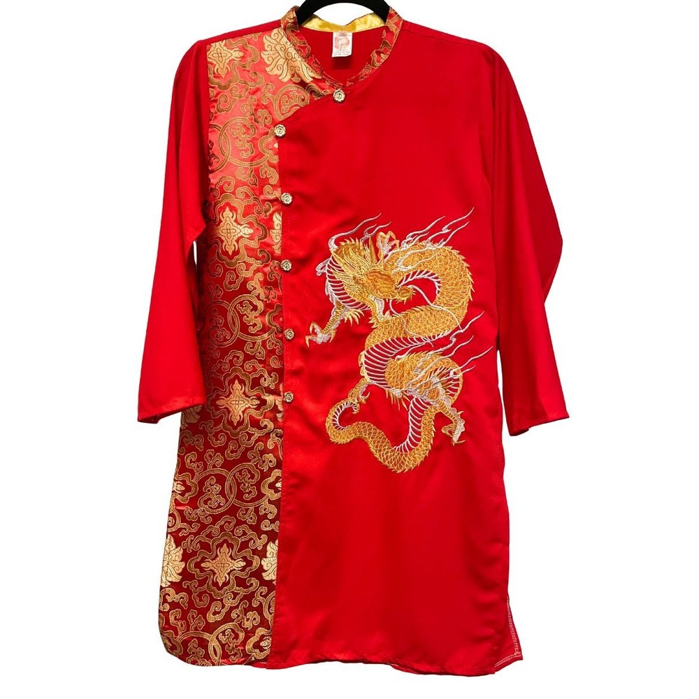 Viet Fashion Kids Red Gold Silk Dragon Ao Dai Tunic Brocade Size 14 Vietnam‎